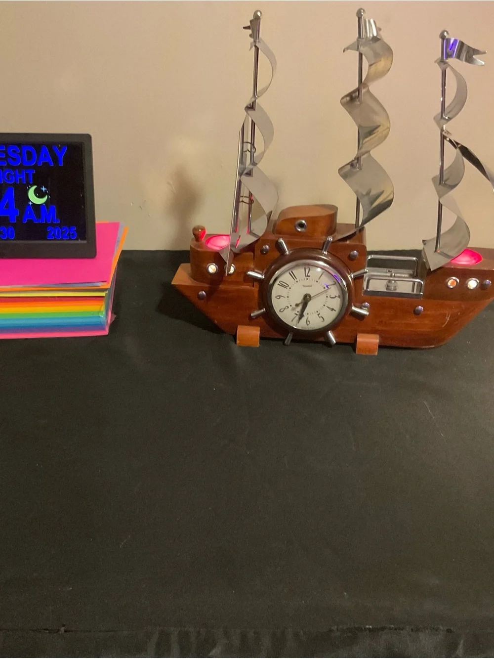 Wooden Ship Clock Wall Decor in Brown and Silver